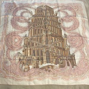 Hermes Silk Les Rivieres De Babel Scarf 36” 90cm Ivory Pink Brown Tower of Babel